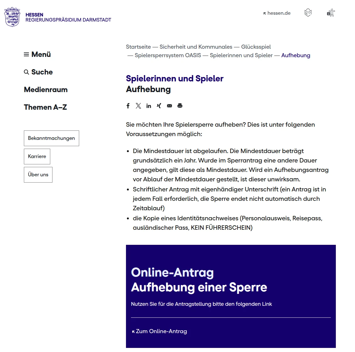 Seite «Aufhebung» des Regierungspräsidiums Darmstadt: Voraussetzungen und Online-Antrag zur Aufhebung einer Spielersperre