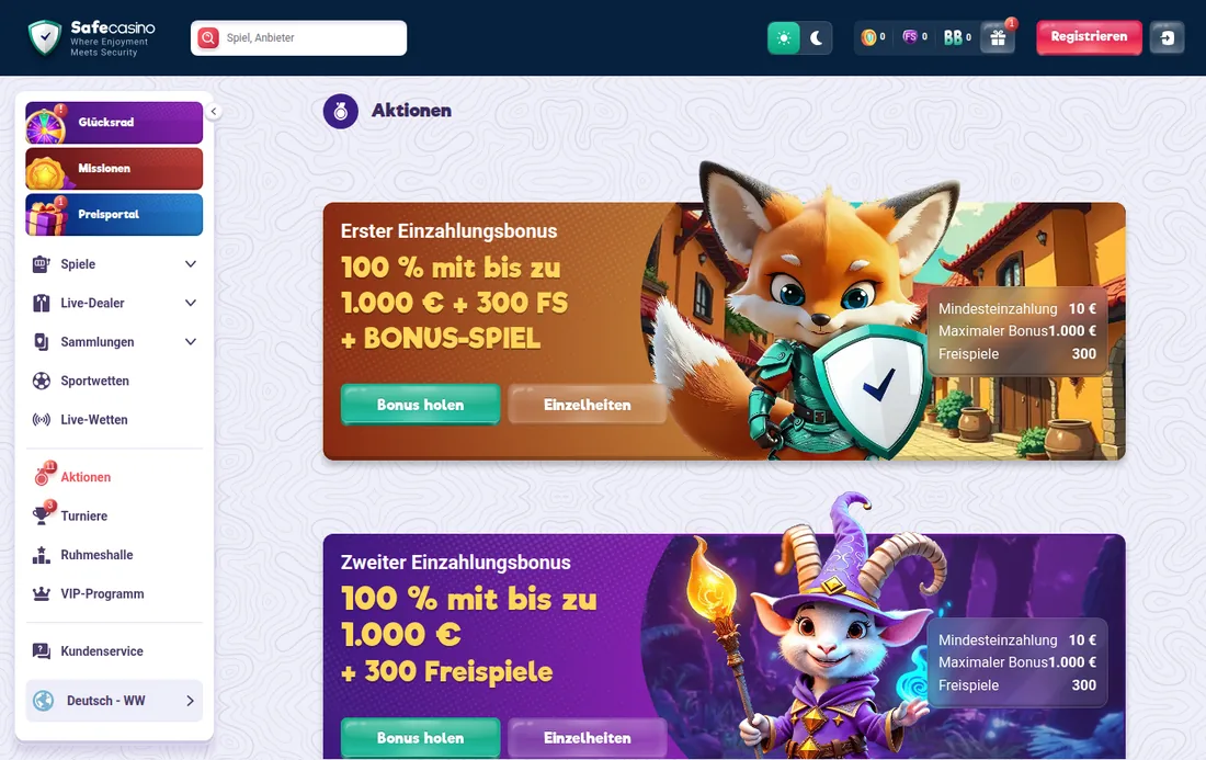 SafeCasino — Aktionsseite mit den beiden Einzahlungsboni, mit deutscher IP geöffnet