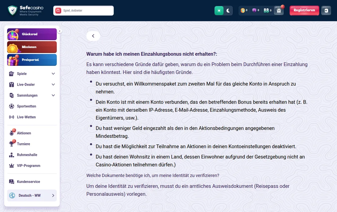 Safecasino — hilfe, mit deutscher IP geöffnet