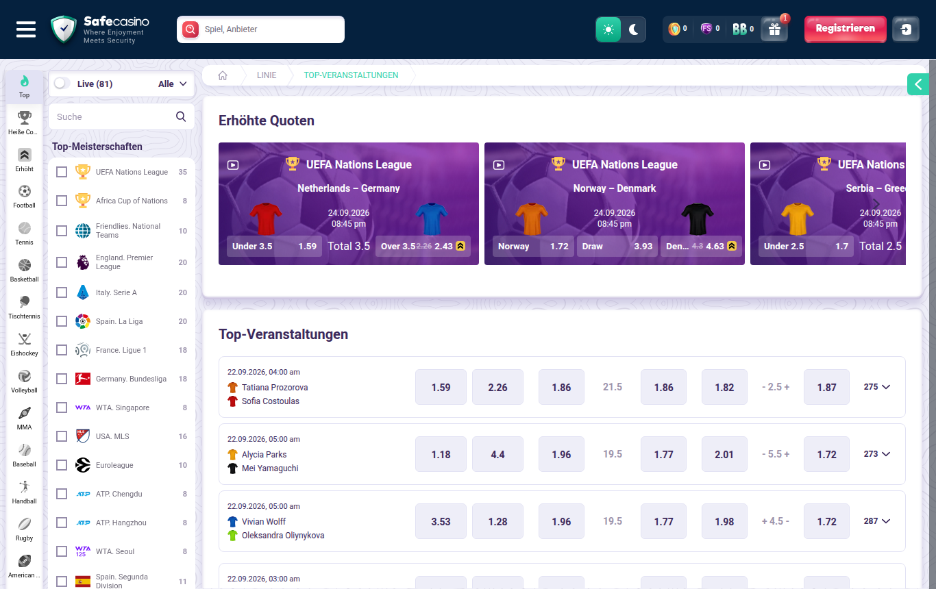Der Wettbereich von SafeCasino, aus Deutschland geöffnet