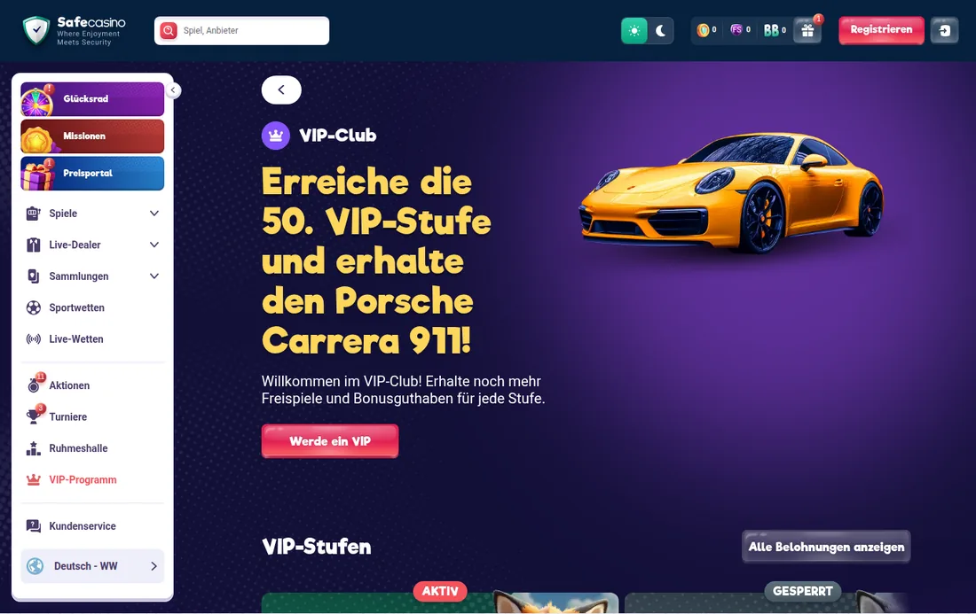 SafeCasino — VIP-Programm, mit deutscher IP geöffnet