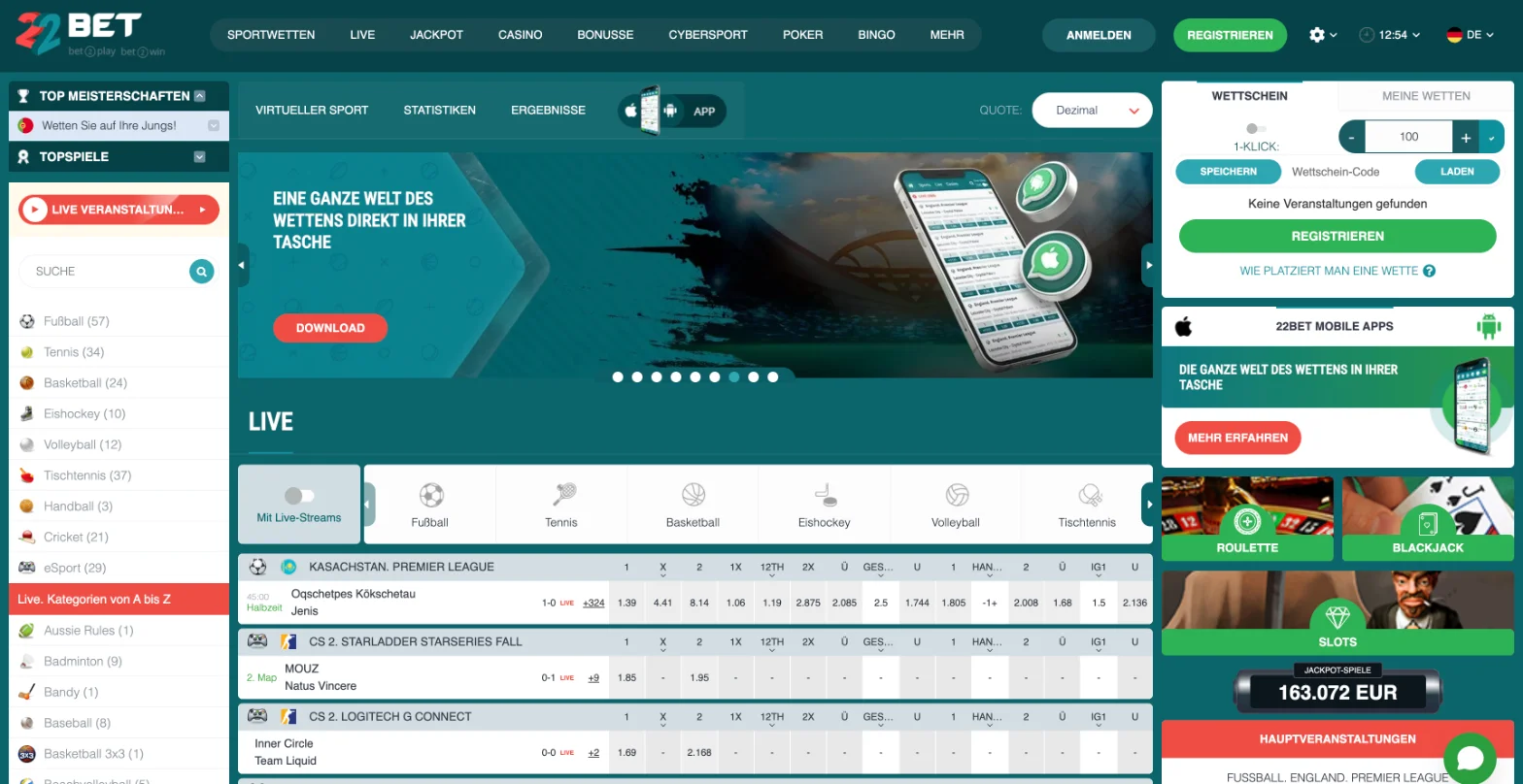 Die Wettlobby von 22Bet, mit deutscher IP geöffnet, hier Partien der Europa League