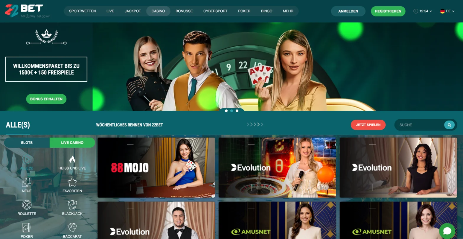 22Bet Casino-Bereich auf Deutsch mit Live-Casino