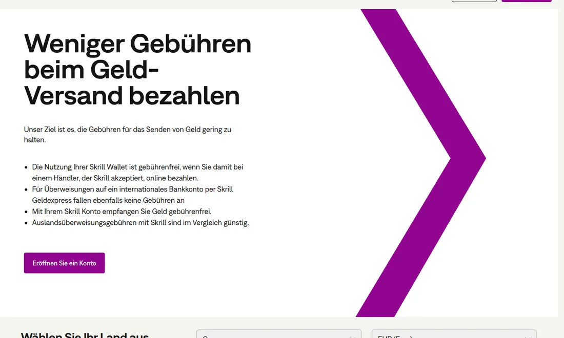 Gebührenseite von Skrill, aufgerufen am 23.09.2026 mit deutscher IP-Adresse