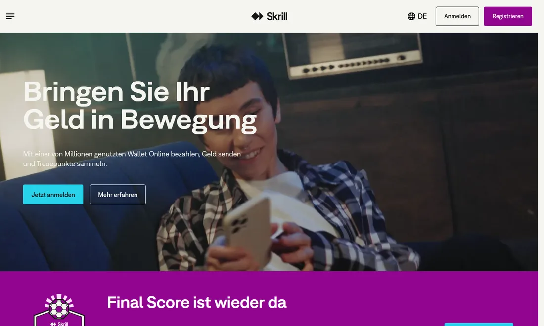 Startseite von Skrill, aufgerufen am 23.09.2026 mit deutscher IP-Adresse