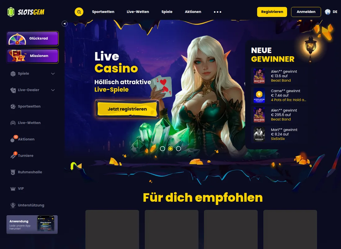 SlotsGem mit Sportwetten und Live-Wetten im Hauptmenü
