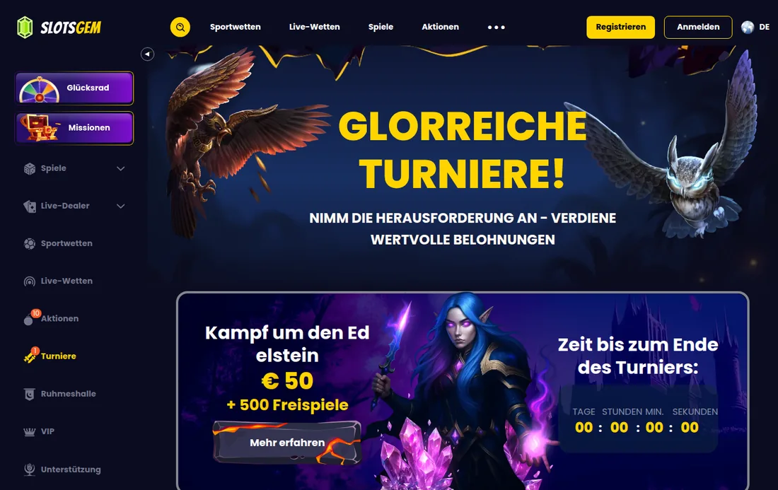 SlotsGem — Casino-Turniere, mit deutscher IP geöffnet