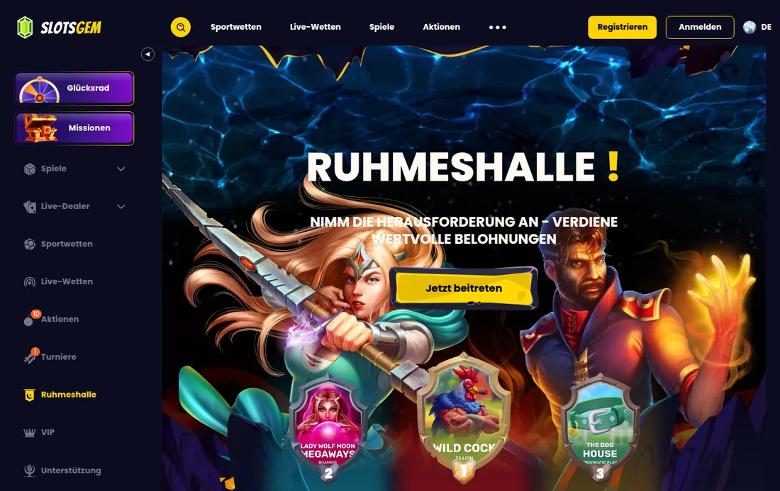 SlotsGem — die «Ruhmeshalle» mit Spiel-Herausforderungen, mit deutscher IP geöffnet