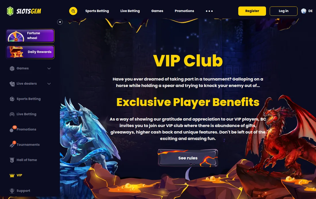 SlotsGem — VIP-Club, hier auf Englisch statt auf Deutsch, mit deutscher IP geöffnet