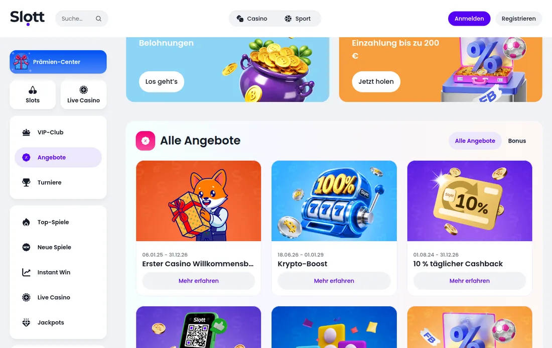 Aktionsseite von Slott mit Casino-Willkommensbonus und Cashback