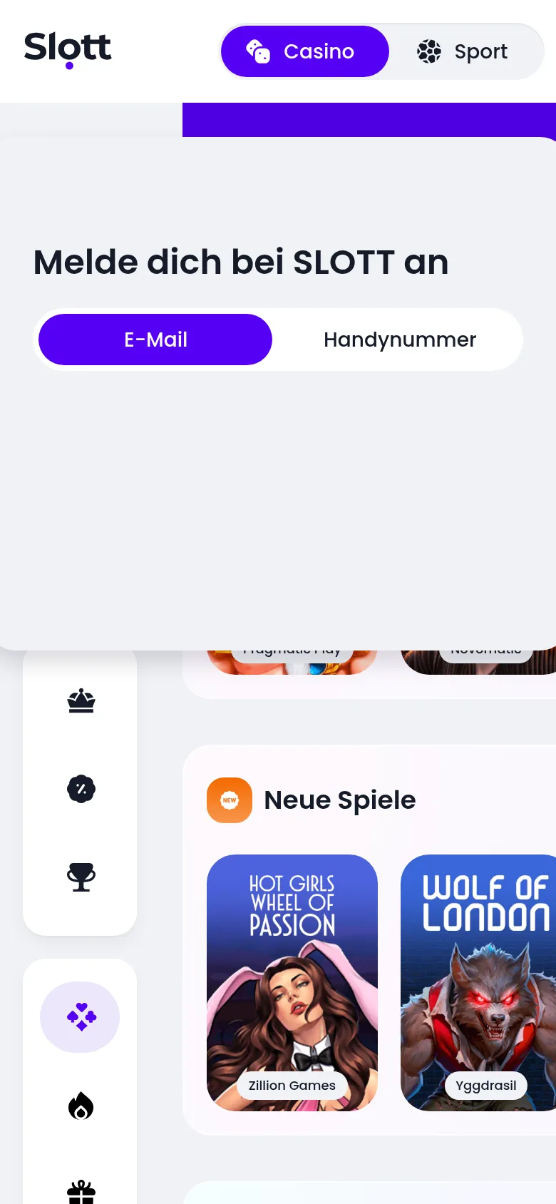 Anmeldebildschirm von Slott auf dem Handy