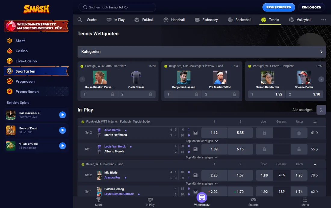 Smash — Live-Tennis mit In-Play-Märkten, mit deutscher IP geöffnet