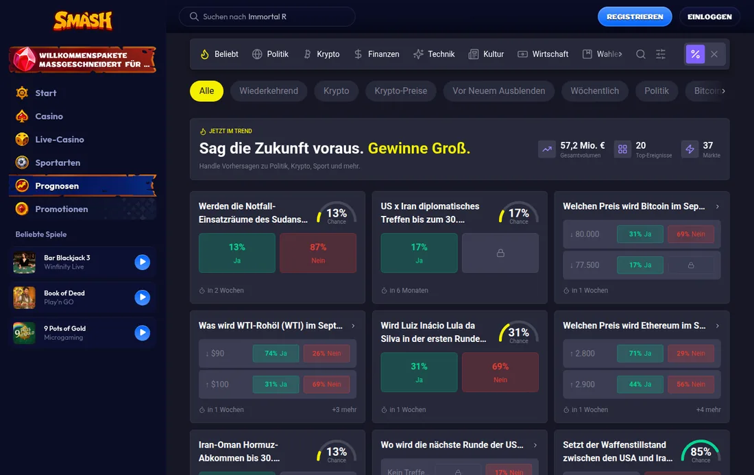 Smash — Prediction Markets zu Politik, Krypto und Wirtschaft, mit deutscher IP geöffnet