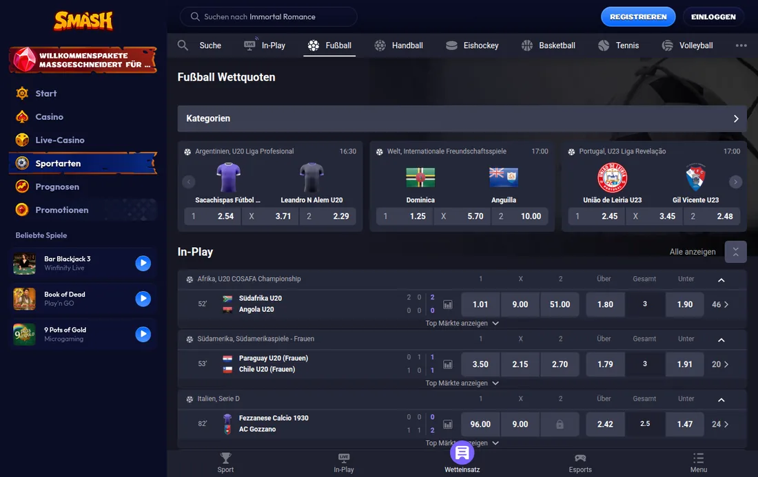 Smash — Fußballprogramm mit Top-Ligen, mit deutscher IP geöffnet