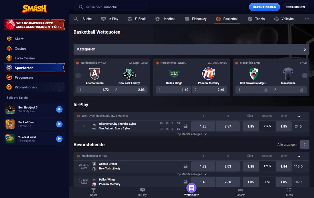 Smash — Basketball-Wettquoten mit In-Play-Bereich, mit deutscher IP geöffnet