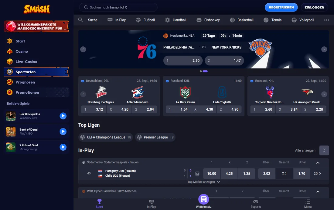 Smash — sport, mit deutscher IP geöffnet
