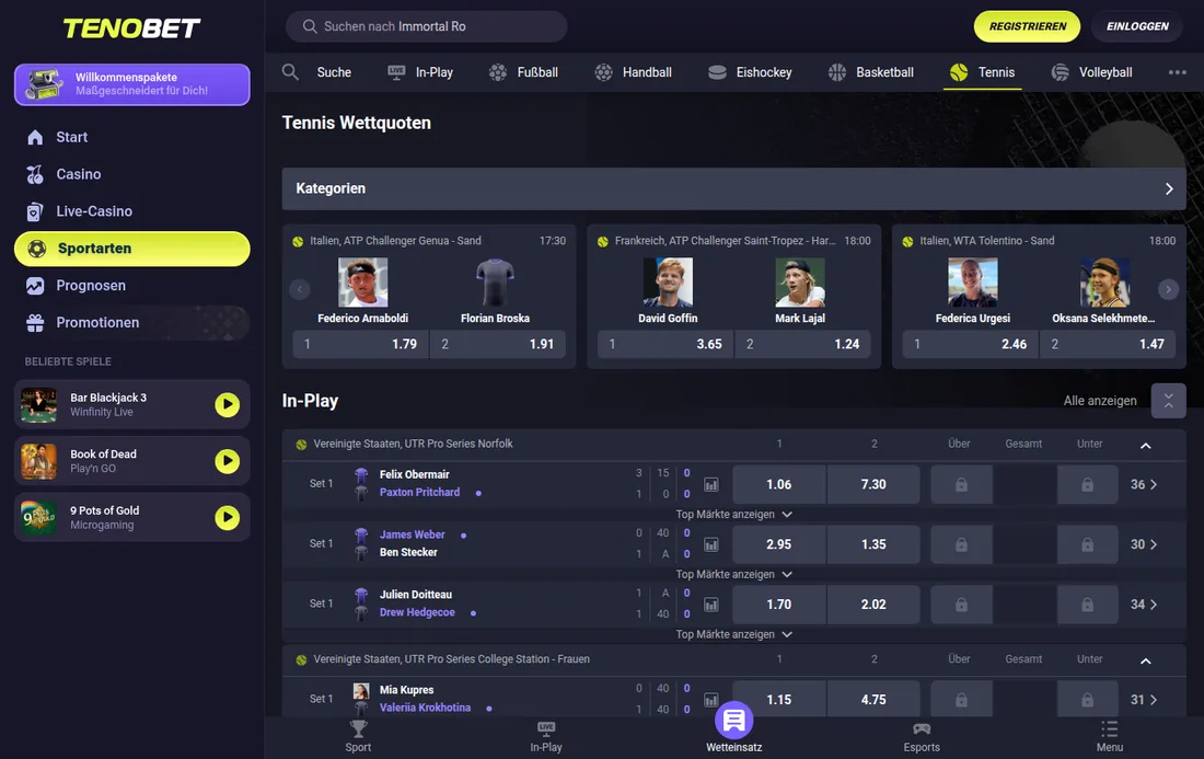 TenoBet — Live-Tennis mit In-Play-Märkten, mit deutscher IP geöffnet