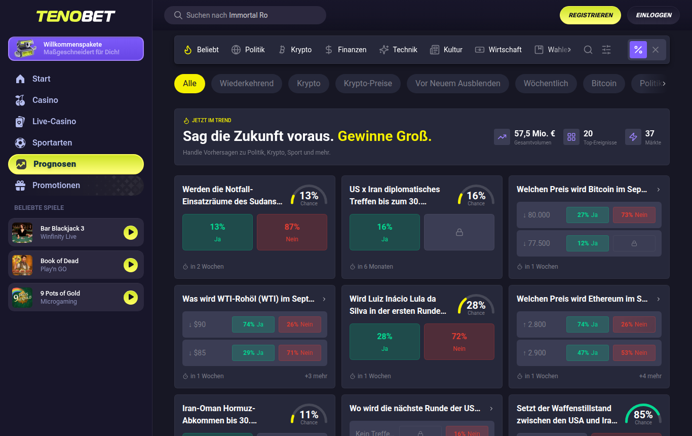 TenoBet — Prediction Markets zu Politik, Krypto und Wirtschaft, mit deutscher IP geöffnet