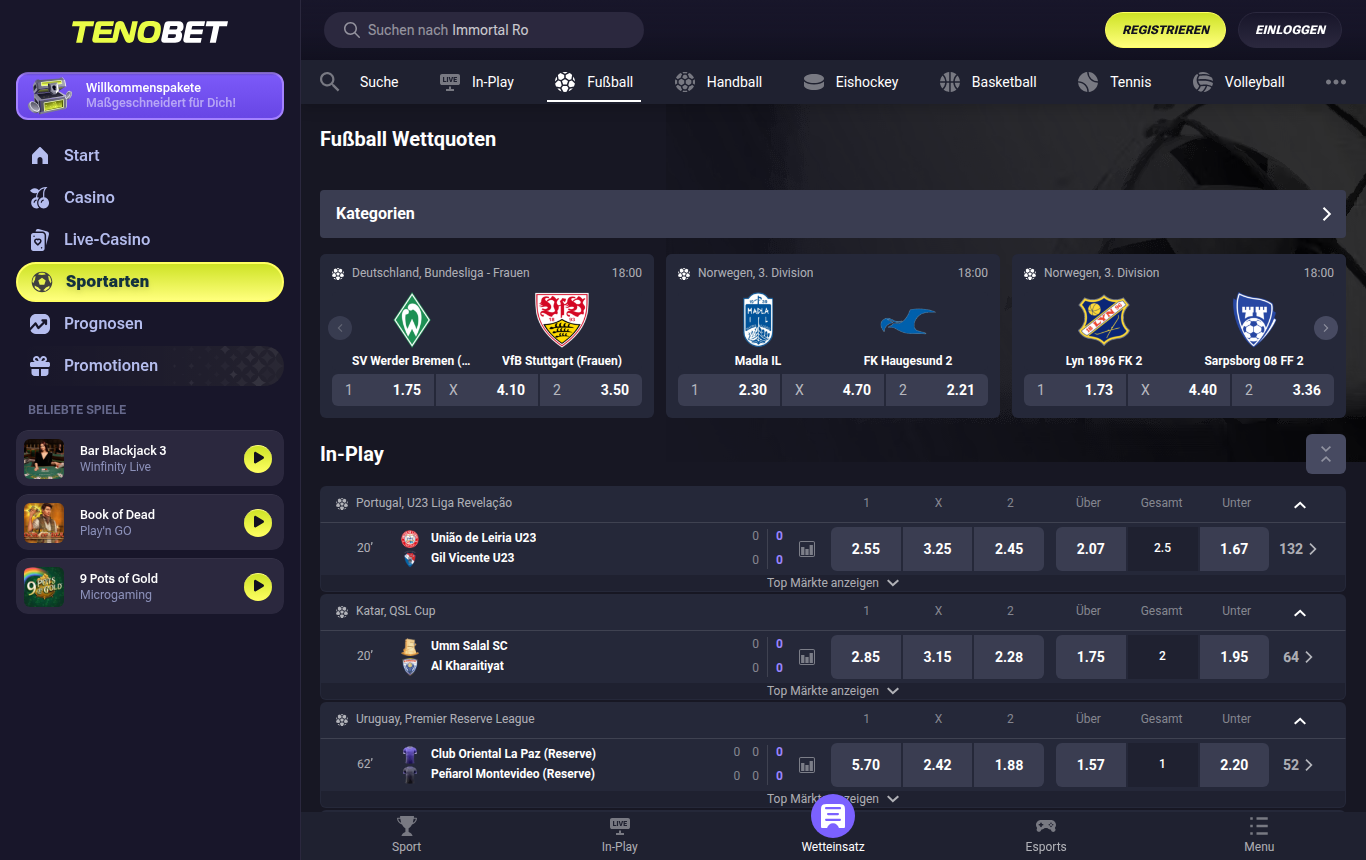 Das Fußballprogramm von TenoBet, aus Deutschland geöffnet