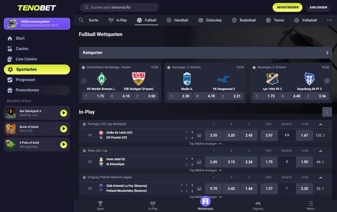 TenoBet — Fußballprogramm mit Top-Ligen, mit deutscher IP geöffnet