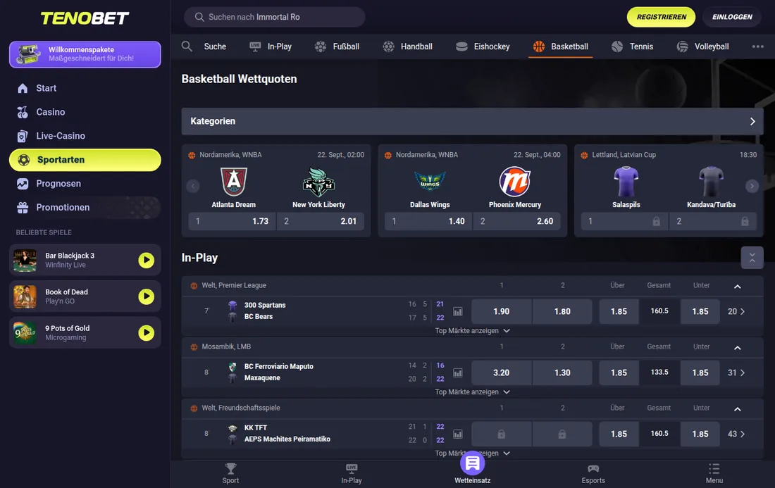 TenoBet — Basketball-Wettquoten mit In-Play-Bereich, mit deutscher IP geöffnet