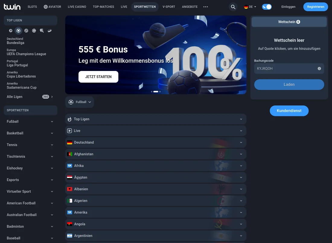 Wettoberfläche von Twin mit Sport und Casino