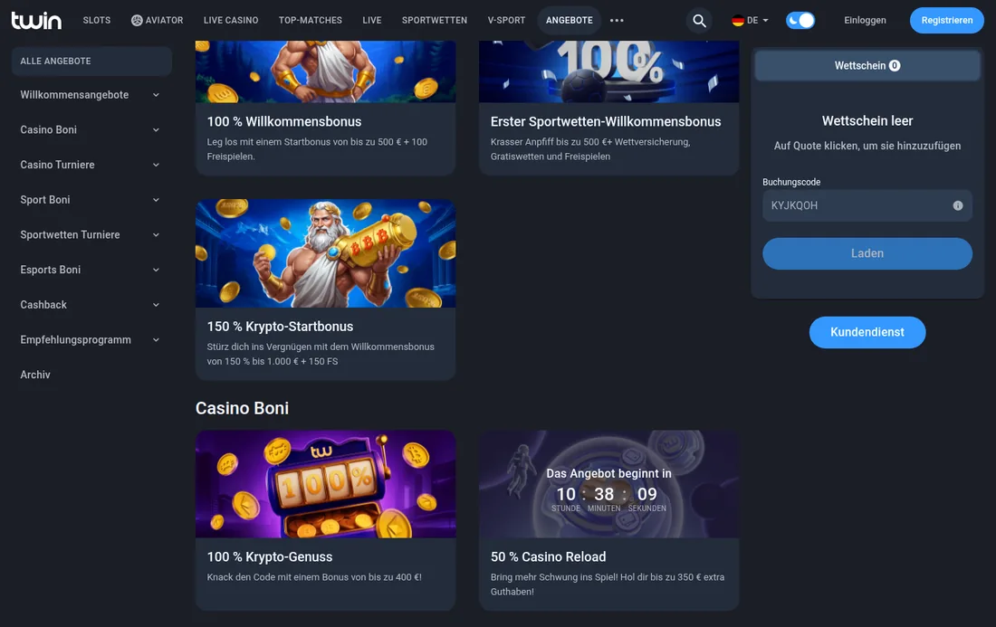 Aktionsseite von Twin mit Casino- und Sportangeboten