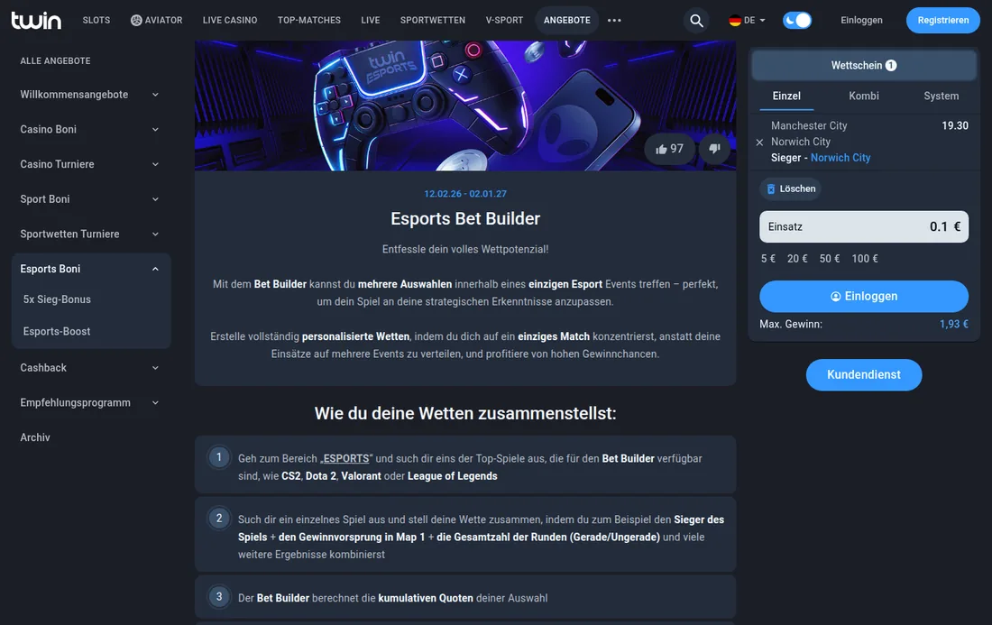 E-Sport-Bereich von Twin mit Bet Builder