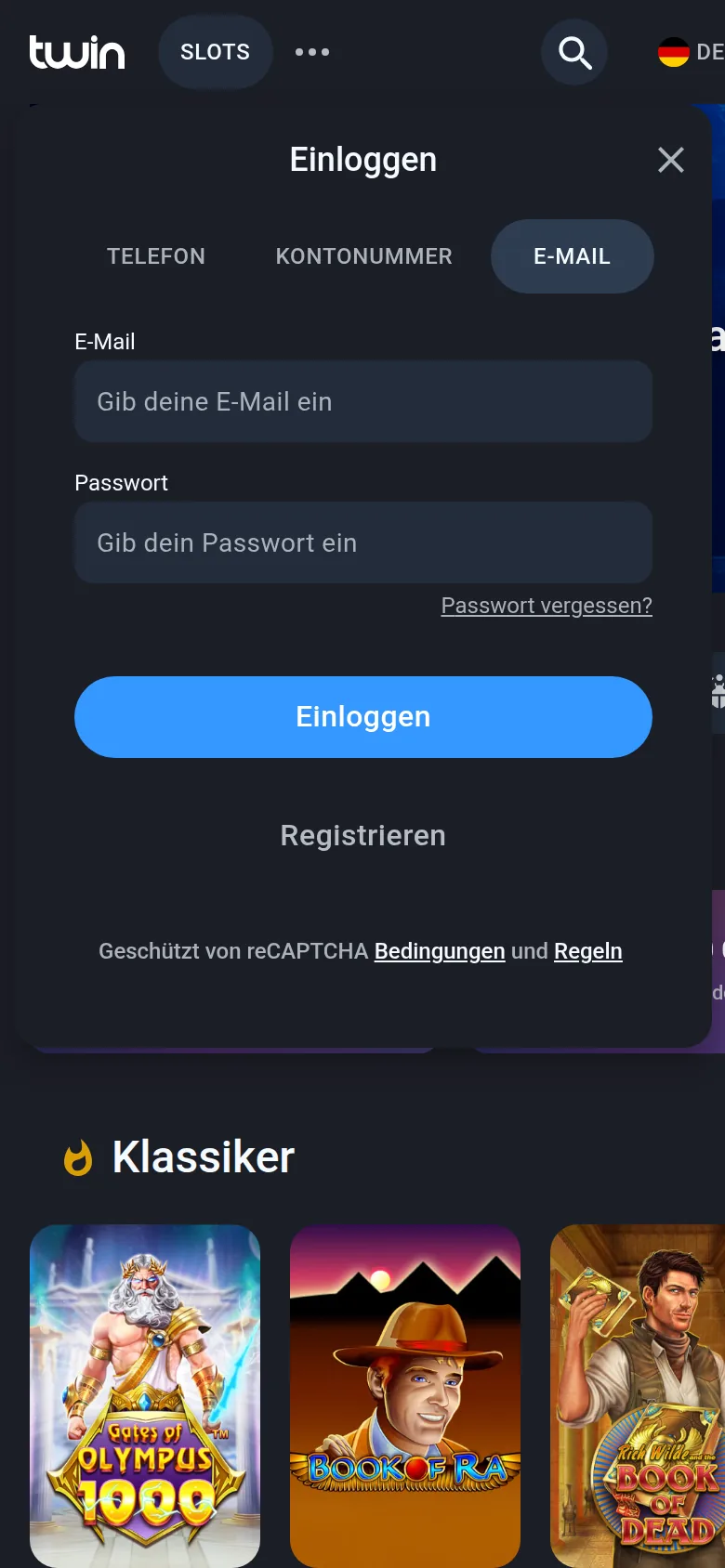 Anmeldebildschirm von Twin auf dem Handy