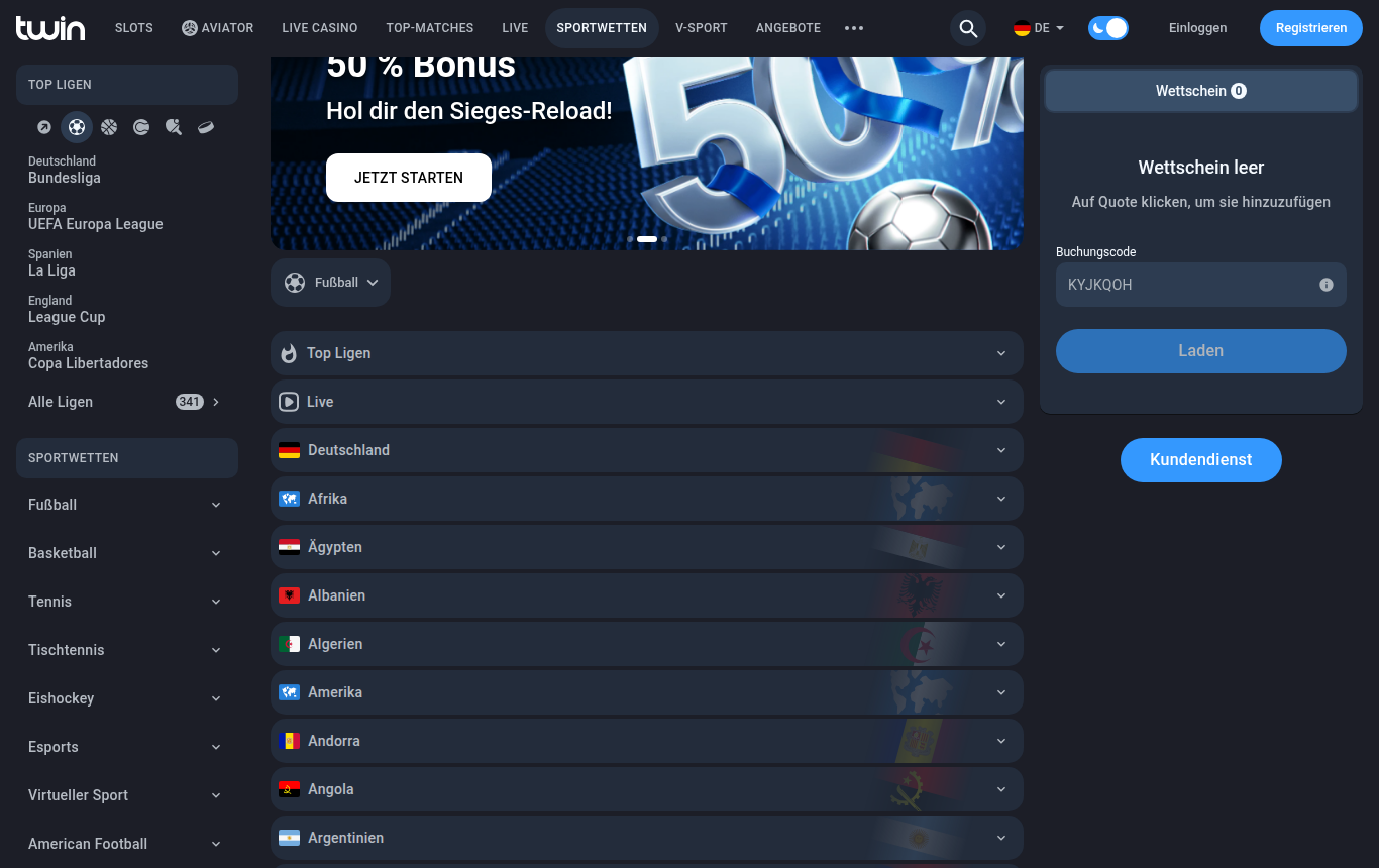 Das Sportprogramm von Twin, aus Deutschland geöffnet