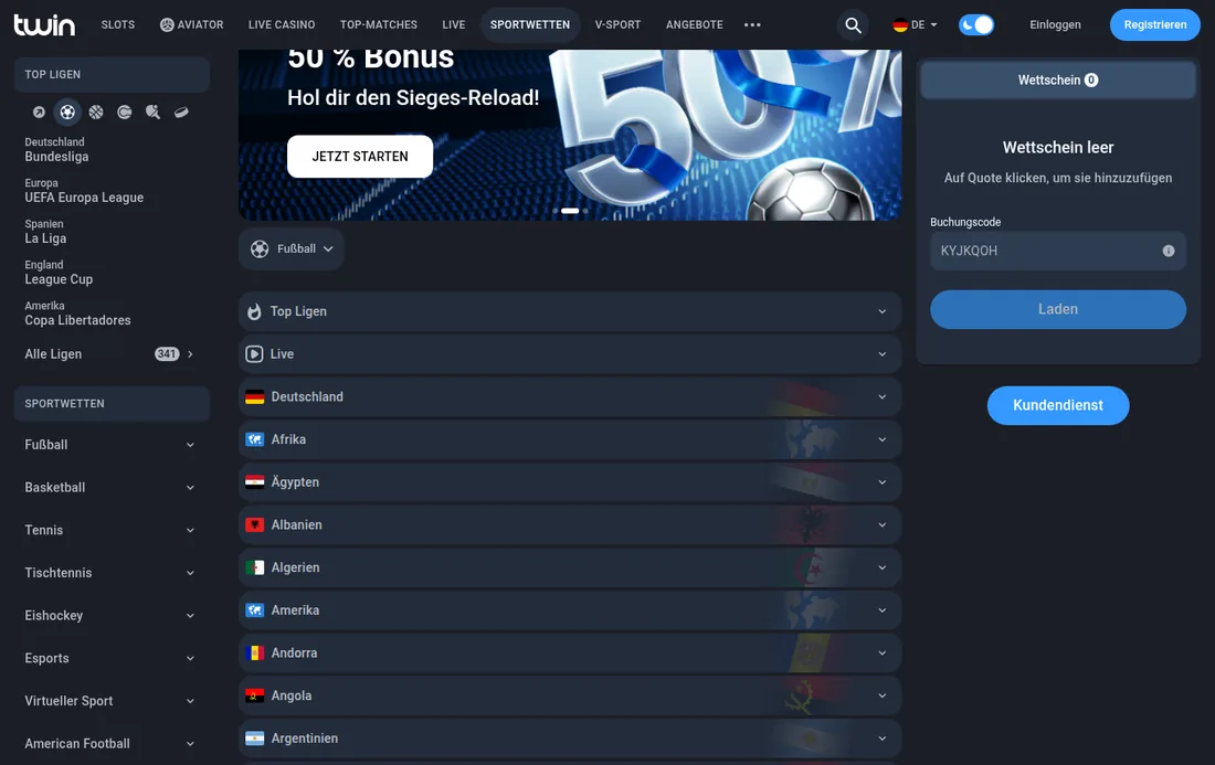 Sportwetten-Bereich von Twin mit Ligen und Quoten