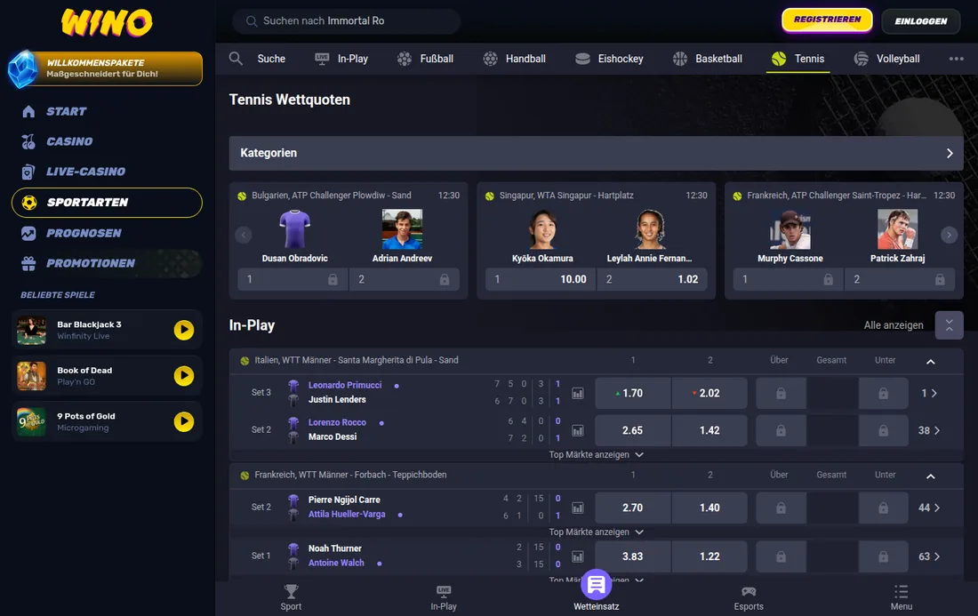 Wino — Live-Tennis mit Kategorien und In-Play-Märkten, mit deutscher IP geöffnet