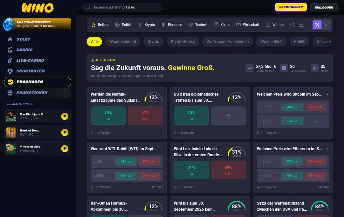 Wino — Prediction Markets zu Politik, Krypto und Wirtschaft, mit deutscher IP geöffnet