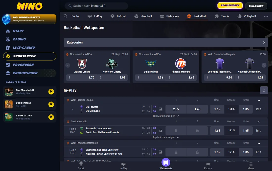 Wino — Basketball-Wettquoten mit In-Play-Bereich, mit deutscher IP geöffnet